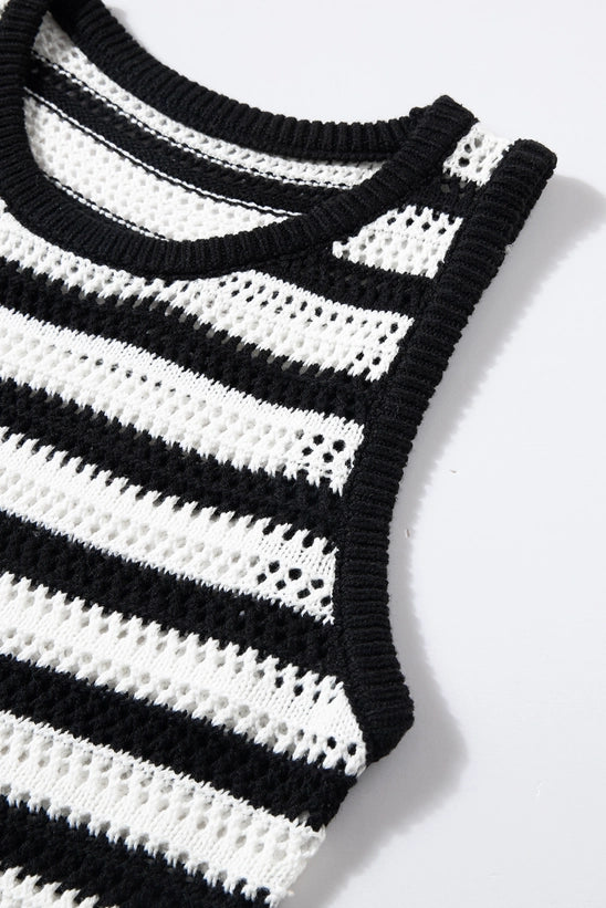 Black Stripe Hollowed Knit Sleeveless Sweater Dress