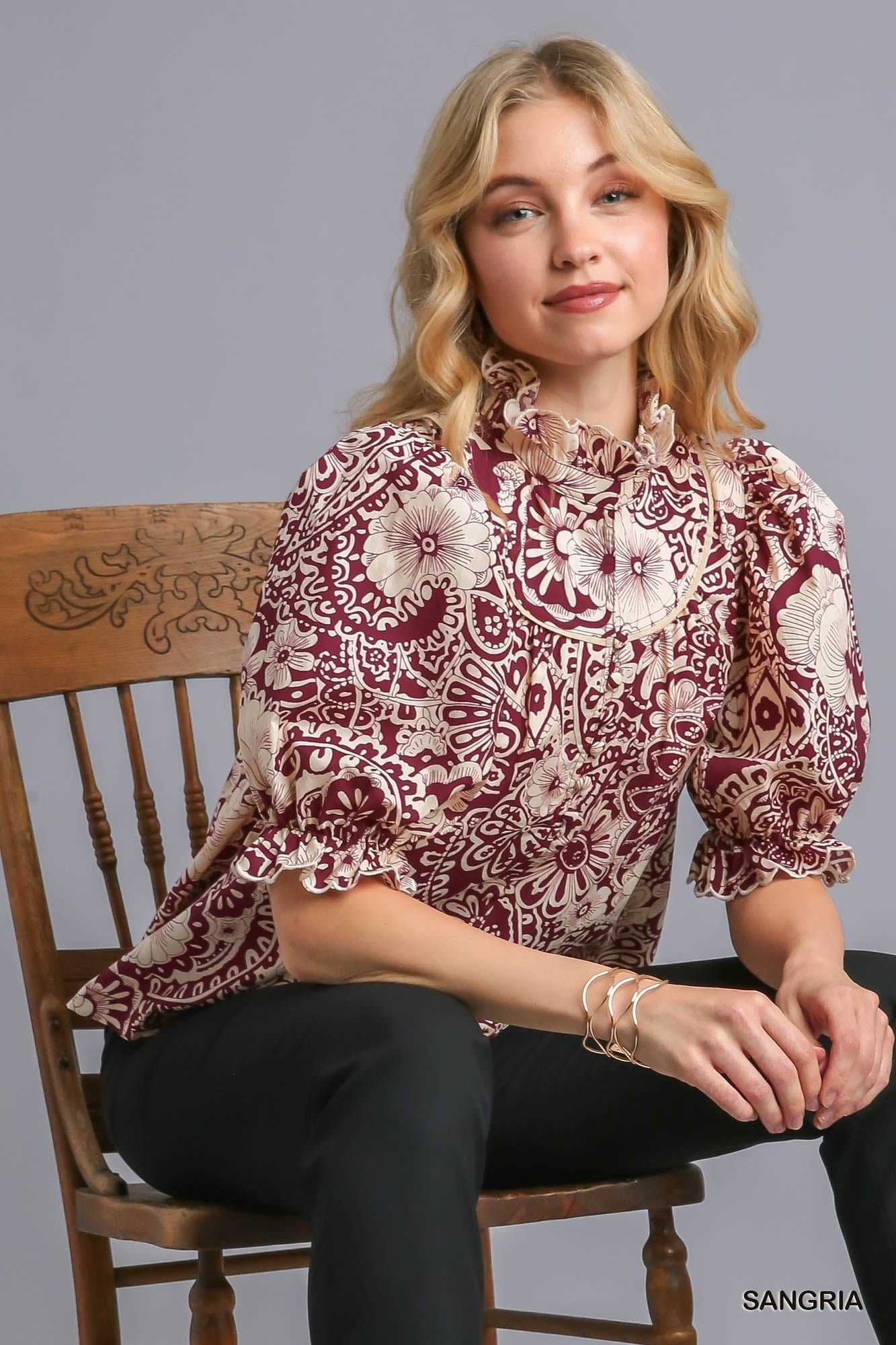 Umgee Floral With Ruffled Neck Top