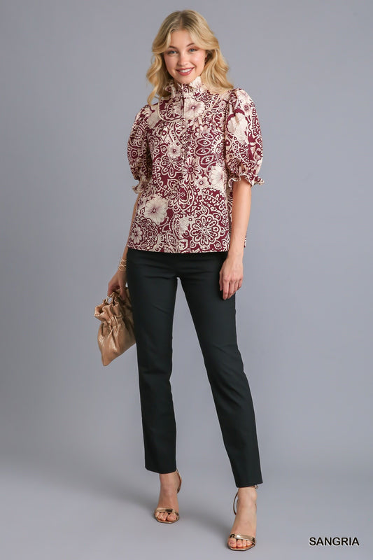 Umgee Floral With Ruffled Neck Top